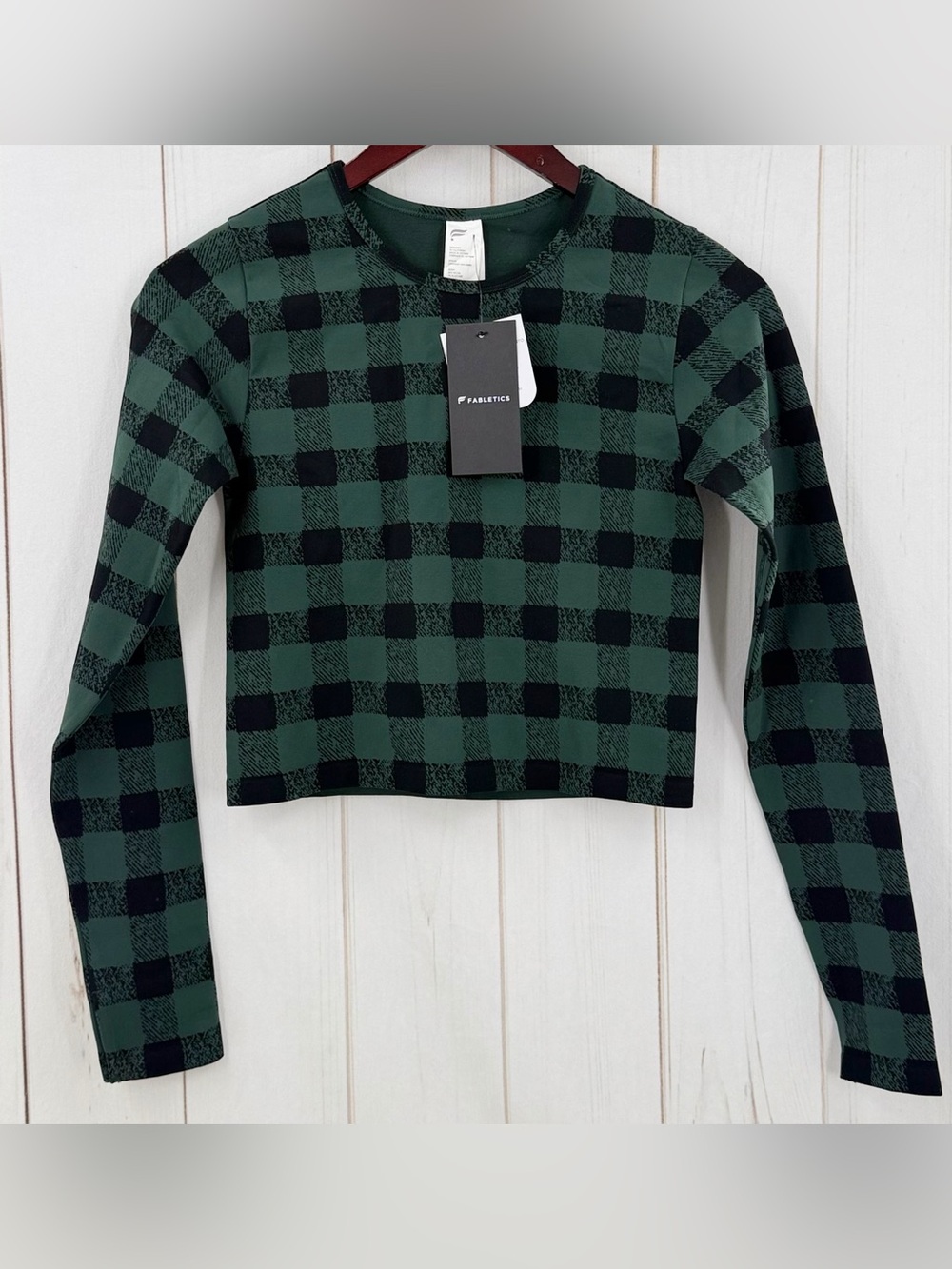 Fabletics Green and Black Plaid Long-Sleeve Crop Top